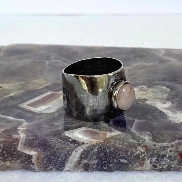 Oxidized Sterling Silver 950 Round Rose Quartz 16MM Wide Band Ring Sz 8.75 - Picture 6 of 16